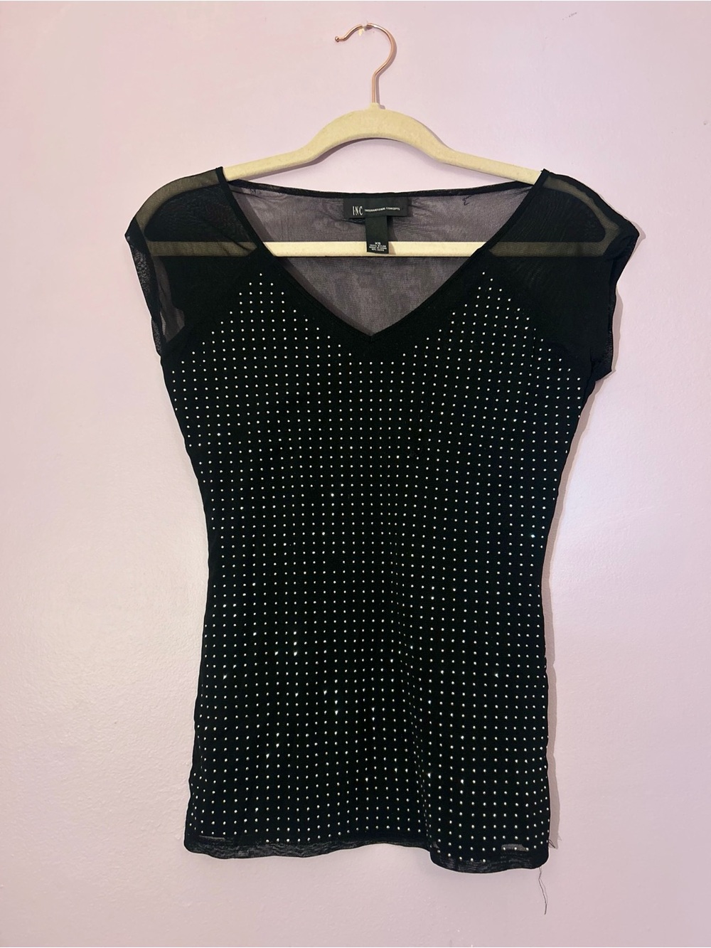 INC International Concepts Black Studded Mesh V-Neck Top - Picture 3 of 5